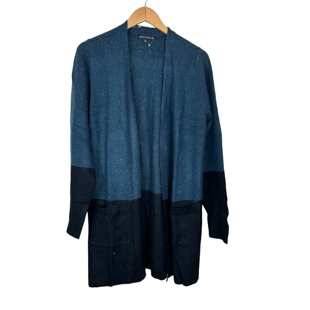 Love Ellie Long Open Cardigan Blue Black Confetti Two Pockets NWOT Size Medium - Picture 5 of 6
